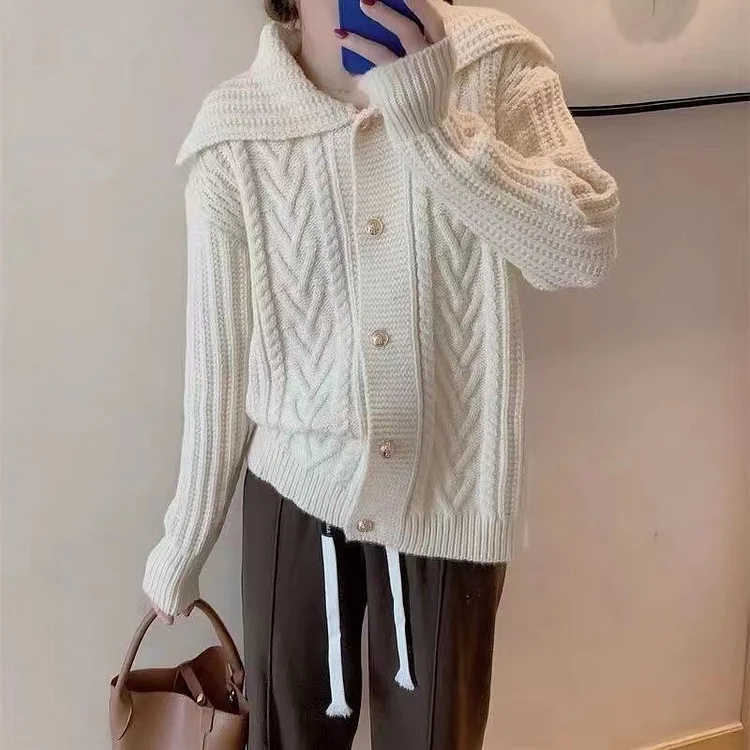 Vintage Solid Color High Neck Weave Long Sleeve Knitted Sweater Coat 