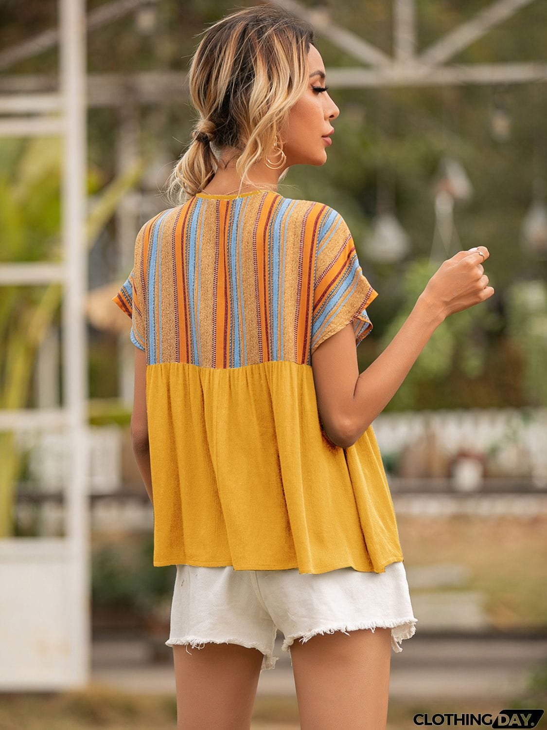 Striped Tie Neck Short Sleeve Blouse