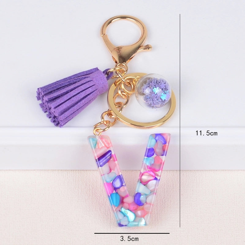 Fashion Style 26 English Letters Keychain Crystal Epoxy Color Stone Letter Tassel Pendant Bag