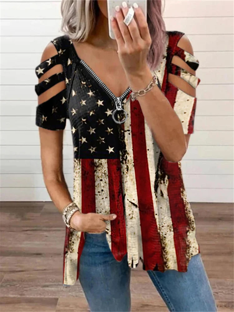 Flag Inspired Zipper Hollow Shoulder T Shirt