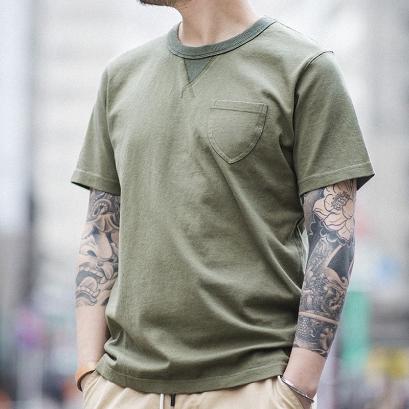 American Army Green Basic Round Neck Pocket Short Sleeve T-Shirt