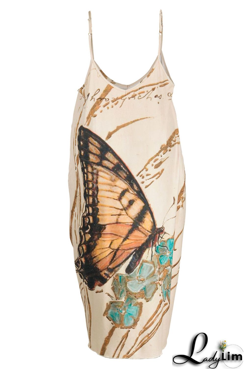 Apricot Sexy Casual Plus Size Butterfly Print Backless Spaghetti Strap Long Dress