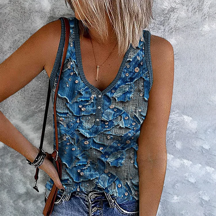 Western Denim Print V-Neck Sleeveless Tank Top