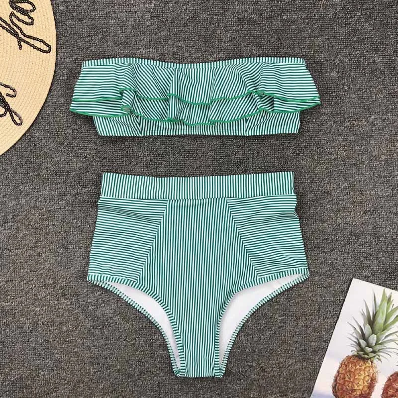 2019 Sexy High Waist Bikini Swimwear Women Striped Biquini Ruffled Swim Bathing Suit Off Shoulder Swimsuit Vintage Bikinis