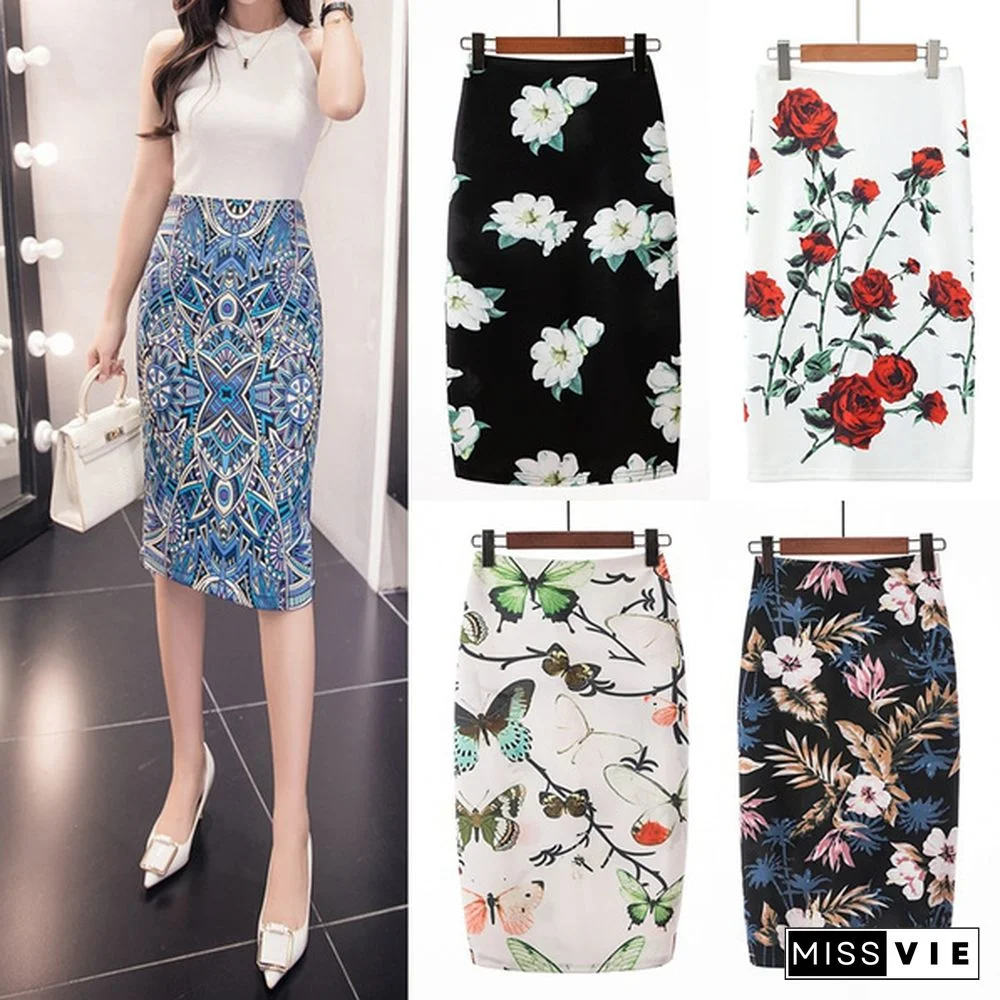 Ready Stock Fashion Women Elastic High Waist Pencil Skirts Midi Skirt Women Printed Ol Work Wear Summer New Plus Size Short Skirt