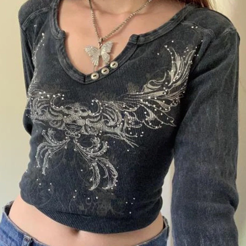 Xingqing Vintage Fashion Print Y2K Female T-shirt Autumn Crop Top Tee Aesthetic Long Sleeve T shirt Grunge Fairycore Pullovers