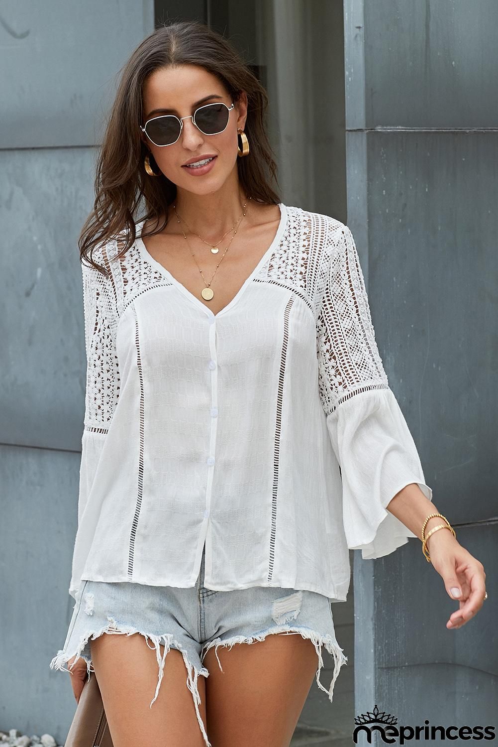 White The Du Jour Hollow Out Crochet Blouse