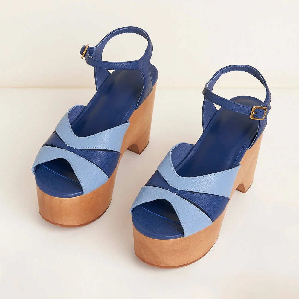 Navy & Sky Blue Peep Toe Ankle Strap Clog Heels with Platform