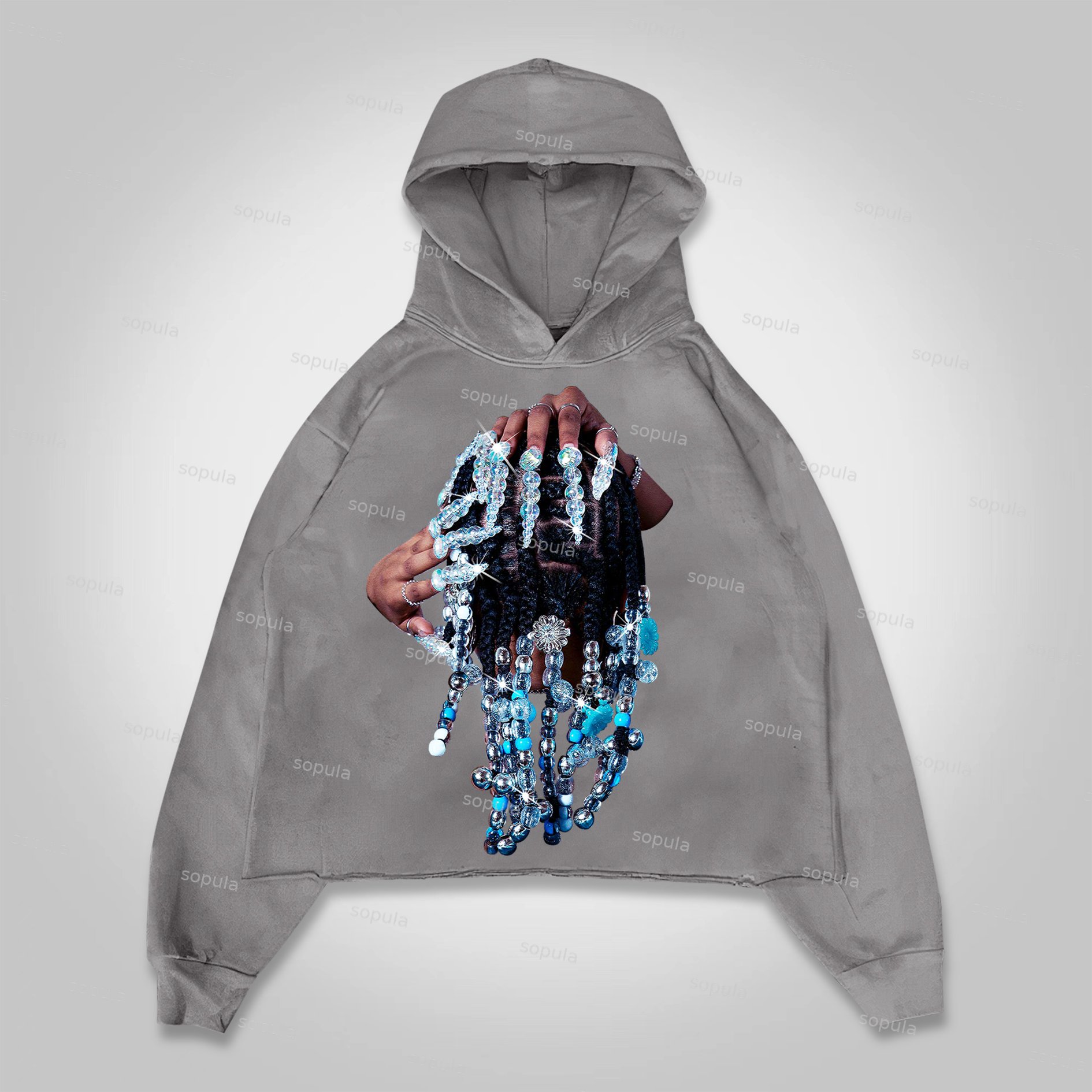 Sopula Diamond Jewelry Finger Portrait Print Cropped Hoodie - SOPULA