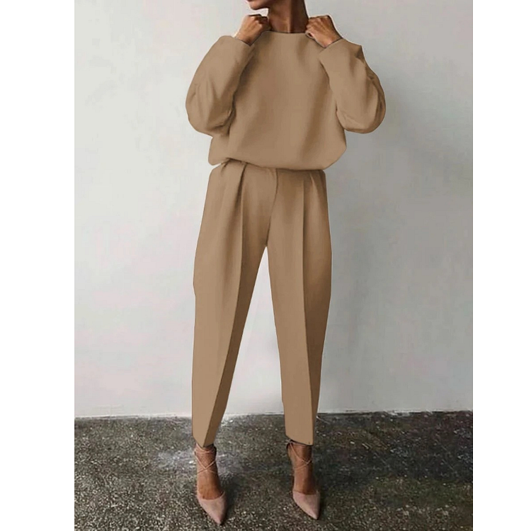 Ladies Fashion Solid Color Top Pants Set