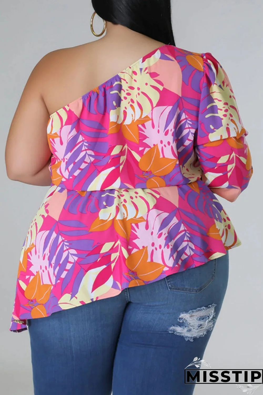 Black Yellow Casual Print Backless Oblique Collar Plus Size Tops