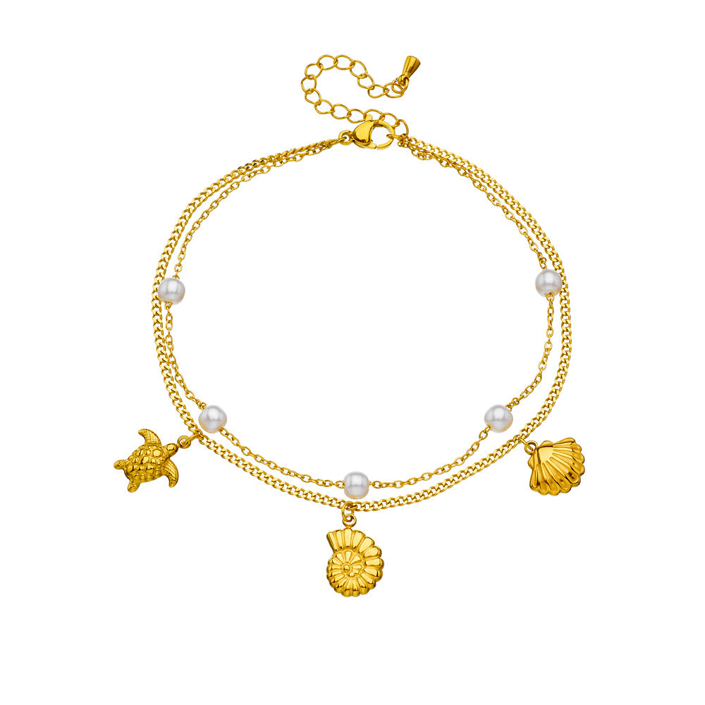Fashionable And Simple Colorful Fine Glitter Shell Butterfly Double Layered Beach Style Stainless Steel Chain Pearl Starfish Anklet