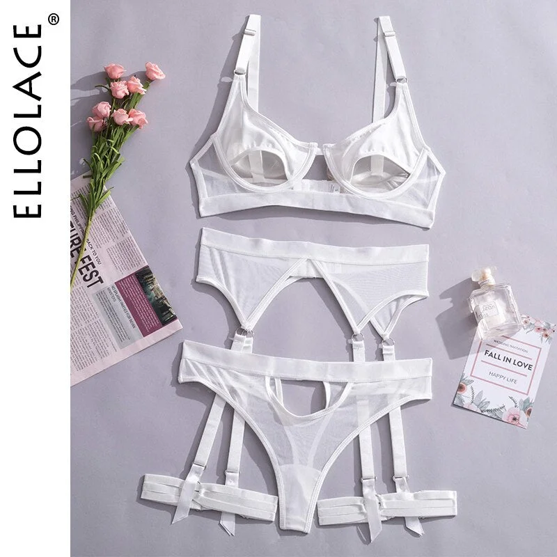Ellolace Hollow Out Erotic Lingerie Apparel Underwear Set Solid Sexy Costume Bra 3 Piece Porn Sissy Intimate Sensual Sex Suit