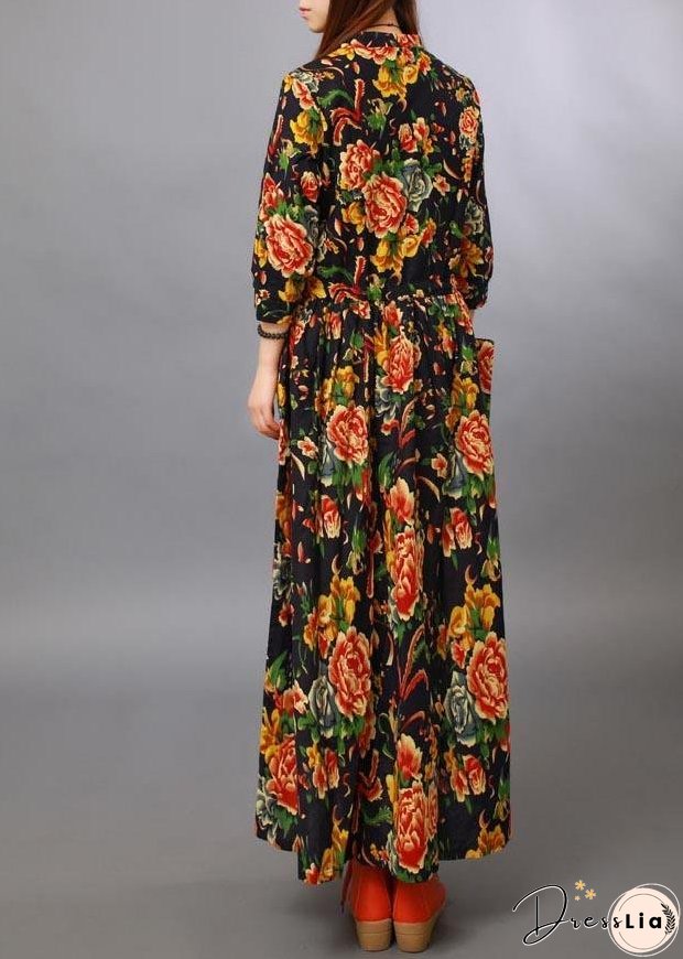 Loose Stand Collar Half Sleeve Spring Tunics For Women Black peony Maxi Dresses