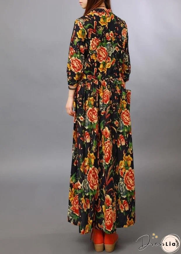 Loose Stand Collar Half Sleeve Spring Tunics For Women Black peony Maxi Dresses