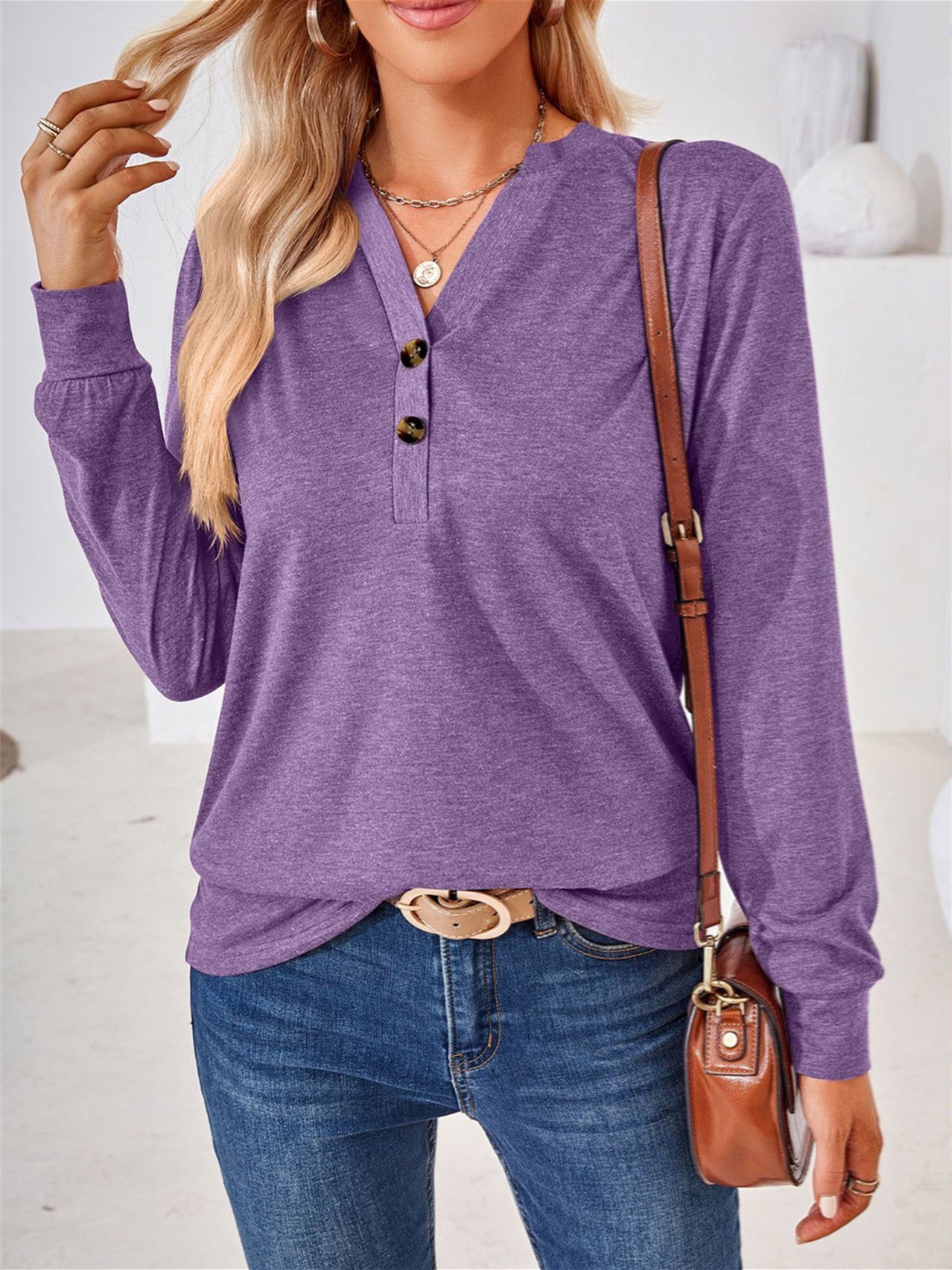 Women's Stitching Button Solid Color V-Neck Long Sleeve Top