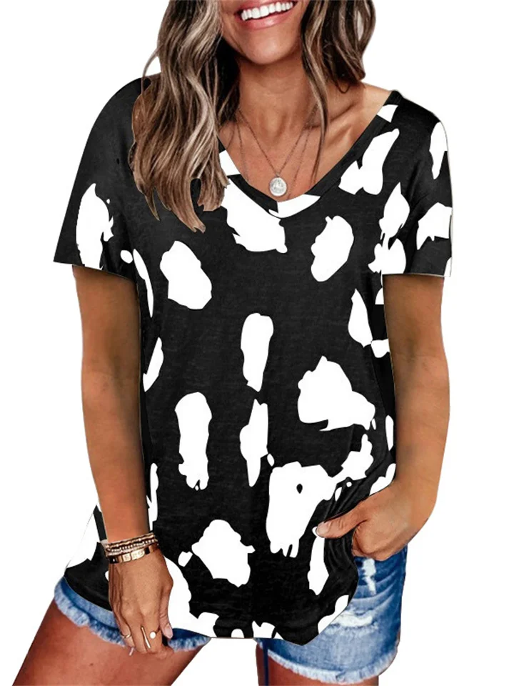 Europe and The United States Women's Summer Leopard Print Blouse Loose Casual V-neck Short-sleeved T-shirt Women