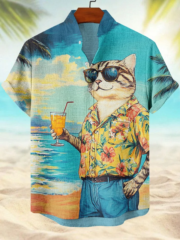Men's Cat Hawaii Beach Vacation Drinking Juice Print Casual Shirt