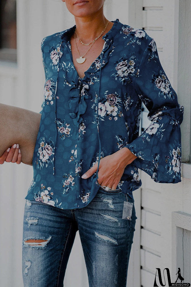 MidiSono - Floral Drawstring Tie Neck Blouse