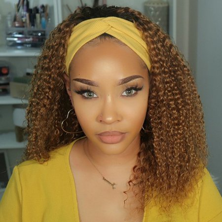 WEQUEEN Kinky Curly Headband Wigs Ombre Brown Human Hair Unit