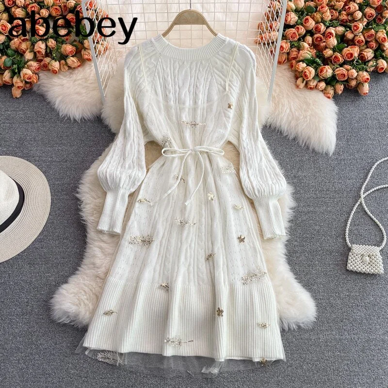 2023 New Spring Autumn Temperament O-neck Lantern Sleeve mid-long sweater Dress + mesh Sequin strap Dress two-piece set