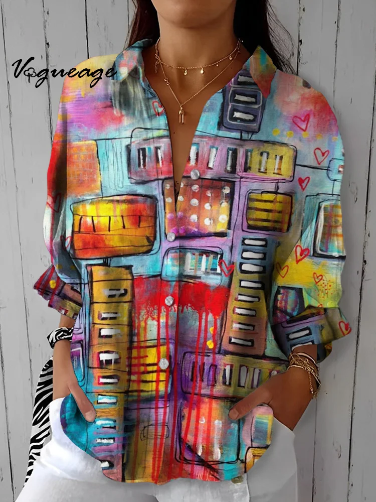 Color Oil Painting Style Line Color Block Lantern Sleeves Printed Cotton And Linen Shirt