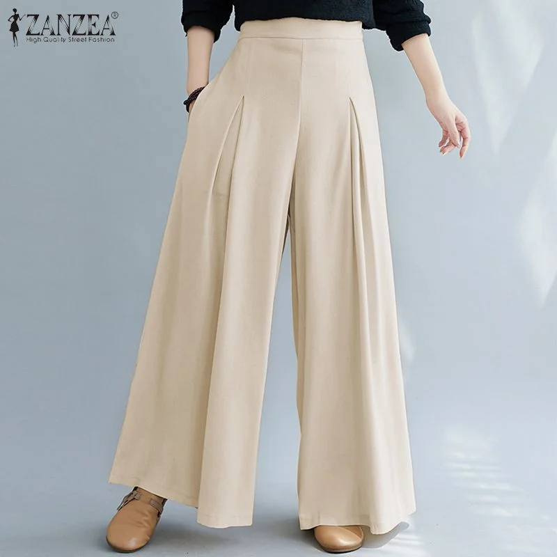 ZANZEA Women Elastic Waist Wide Leg Pants Loose Autumn Trousers Culottes Elegant Office Ladies Casual Palazzo Work Pantalon