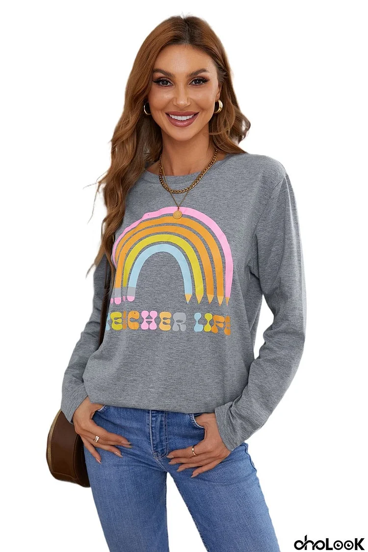 Rainbow Letter Print Crew Neck Graphic Sweatshirt