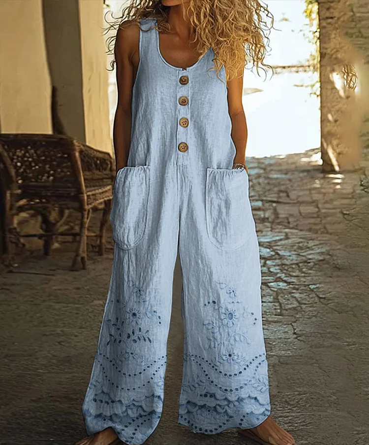 Vintage Floral Pattern Art Print Casual Wide-leg Jumpsuit