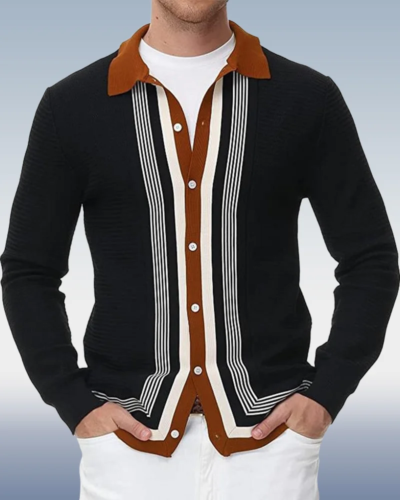 Men's Striped Long Sleeve Knit Polo Shirt