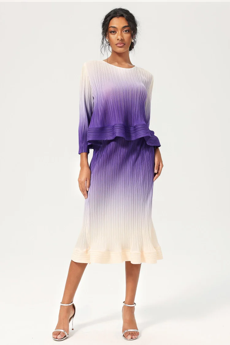 Gradual Color Ruffled Edge Pleated Two-piece Set