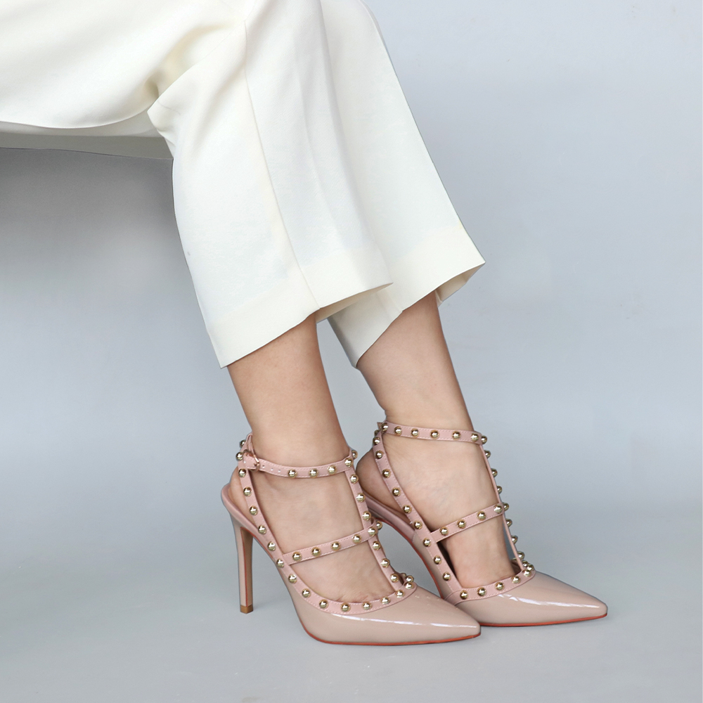 100mm Heels Strap Sandals with Pointed Rivets for Women Slingback Pumps Closed Toe Nude Sandals-vocosishoes