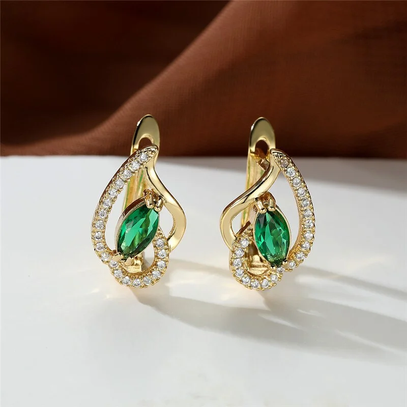 Crystal Female Green Stone Earrings Vintage Small Zircon Hoop Earrings Boho Rose Yellow Gold Color Flower Earrings For Women