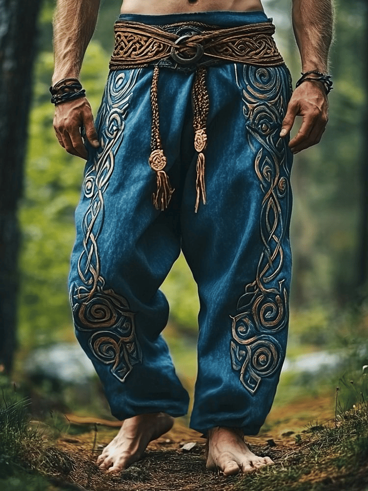 Man's Tribal Viking Celtic Embroidery Art Linen Long Loose Wide-leg Pants