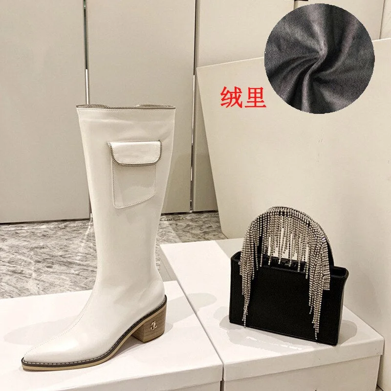2021 Brand Design Winter Square Heel Knee High Boots Women Pointed Toe Chelsea Boots Leather Pocket Zipper Boots Botas Mujer