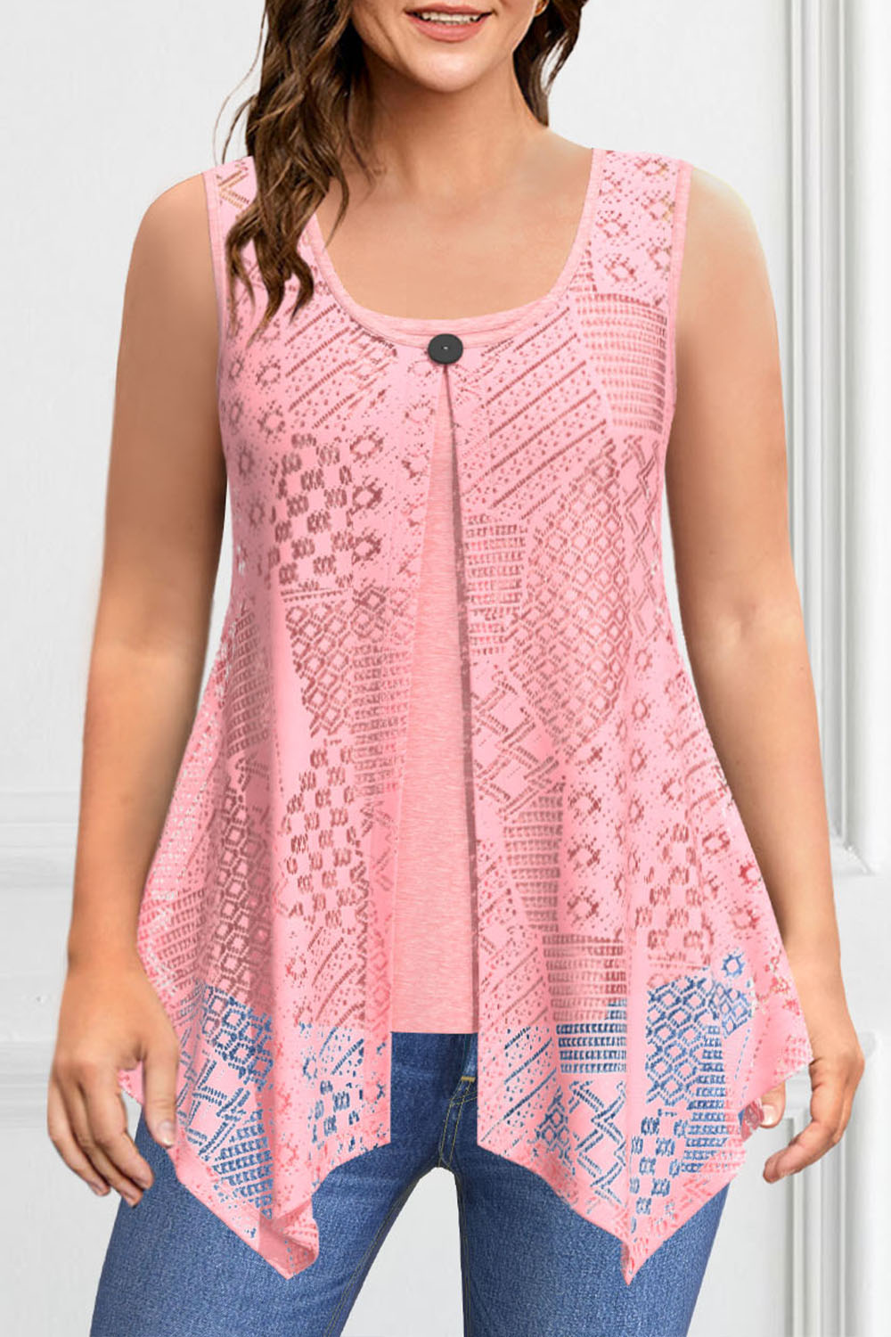 Flycurvy Plus Size Casual Pink Lace Decorative Button Asymmetrical Hem 2 in 1 Tank Top 2024 - Flycurvy 