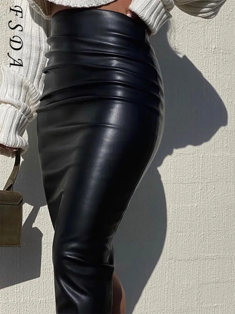 FSDA 2021 High Waist Black Bodycon Skirts Women Midi PU Leather White Sexy Autumn Winter Office Lady Party Skirt Long Y2K