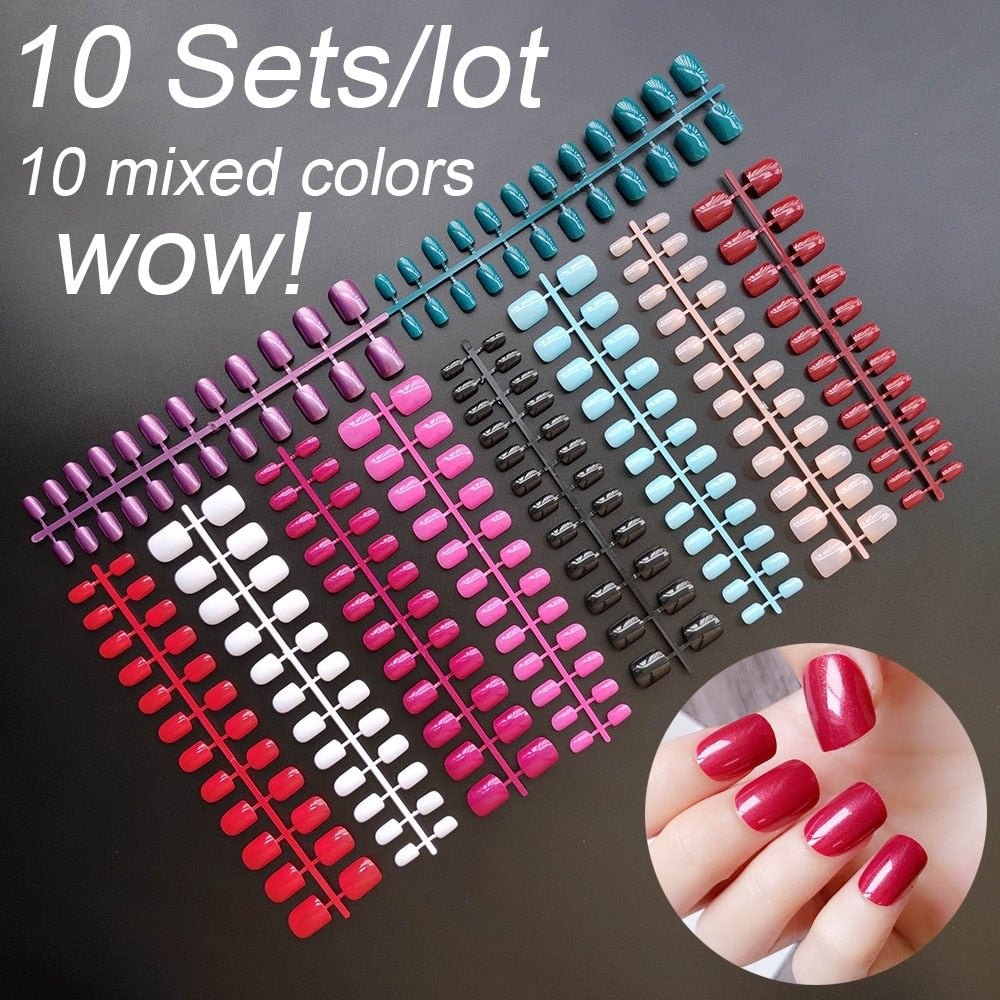 10 Sets Of Mixed Colors Square False Nails Tips 24 Pieces/Set 10 Sizes Press On Fake Nails DIY Manicure Acrylic Fingernail Tips