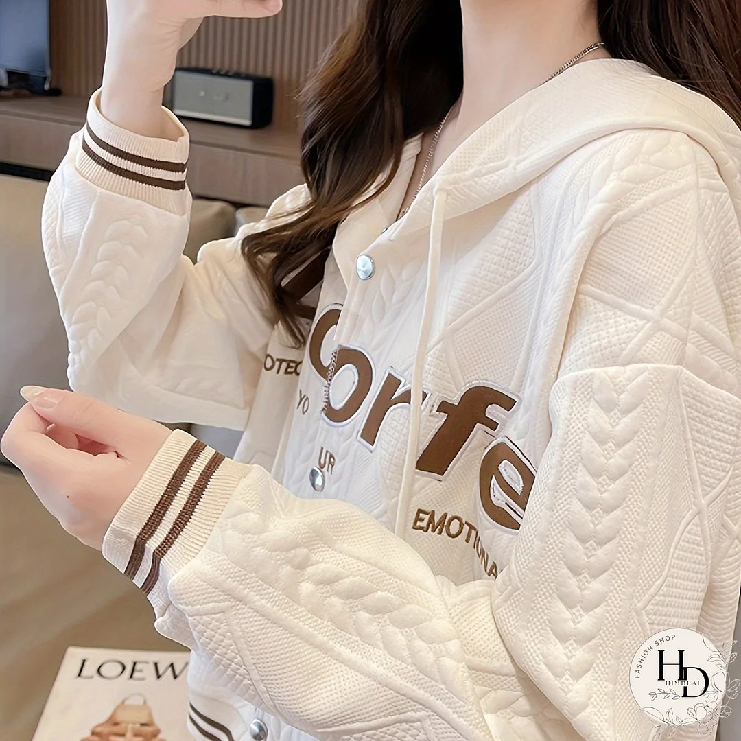 Letter Pattern Button Front Hoodie, Casual Long Sleeve Drawstring Hoodie Sweatshirt, Women's Clothing