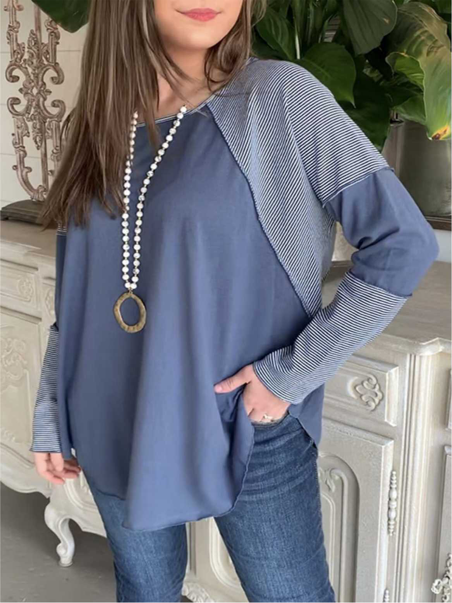 Colorblock Round Neck Long Sleeve Western Top