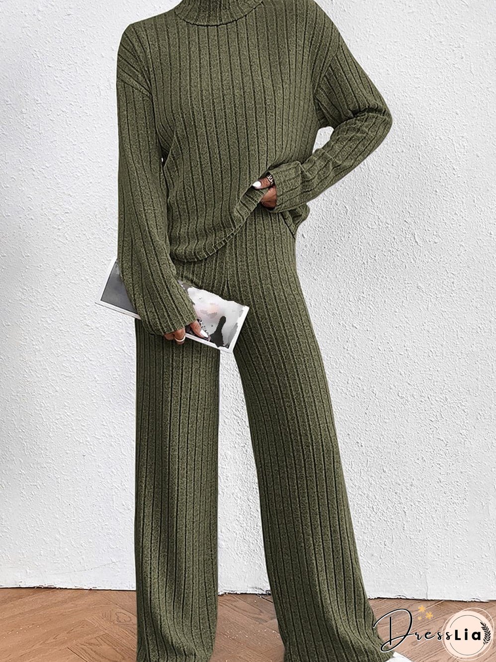 Jungle Green Ribbed Knit Cozy High Neck Two-Piece Pant Set