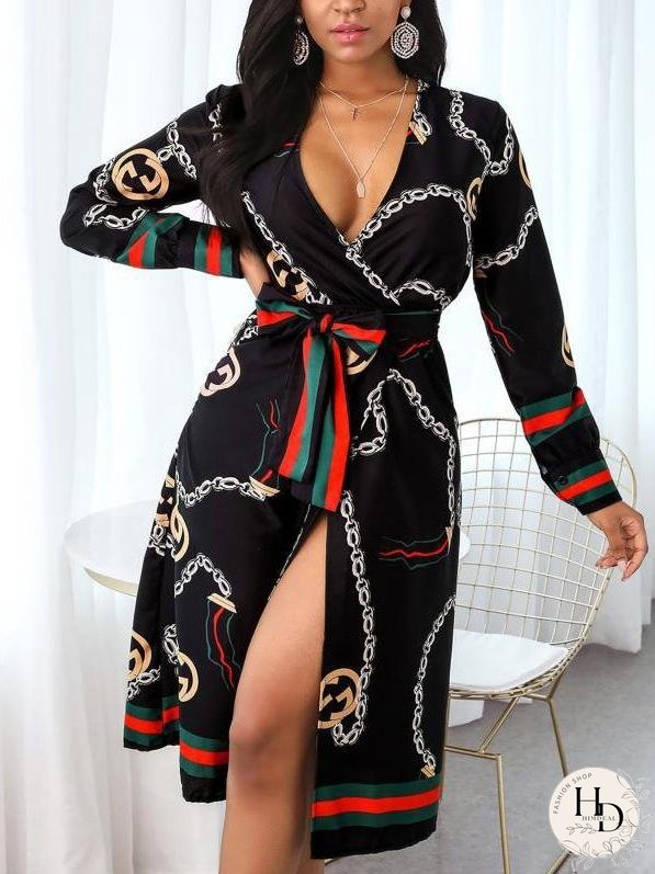 Deep V Slit Maxi Dress With Printed Belt for Women