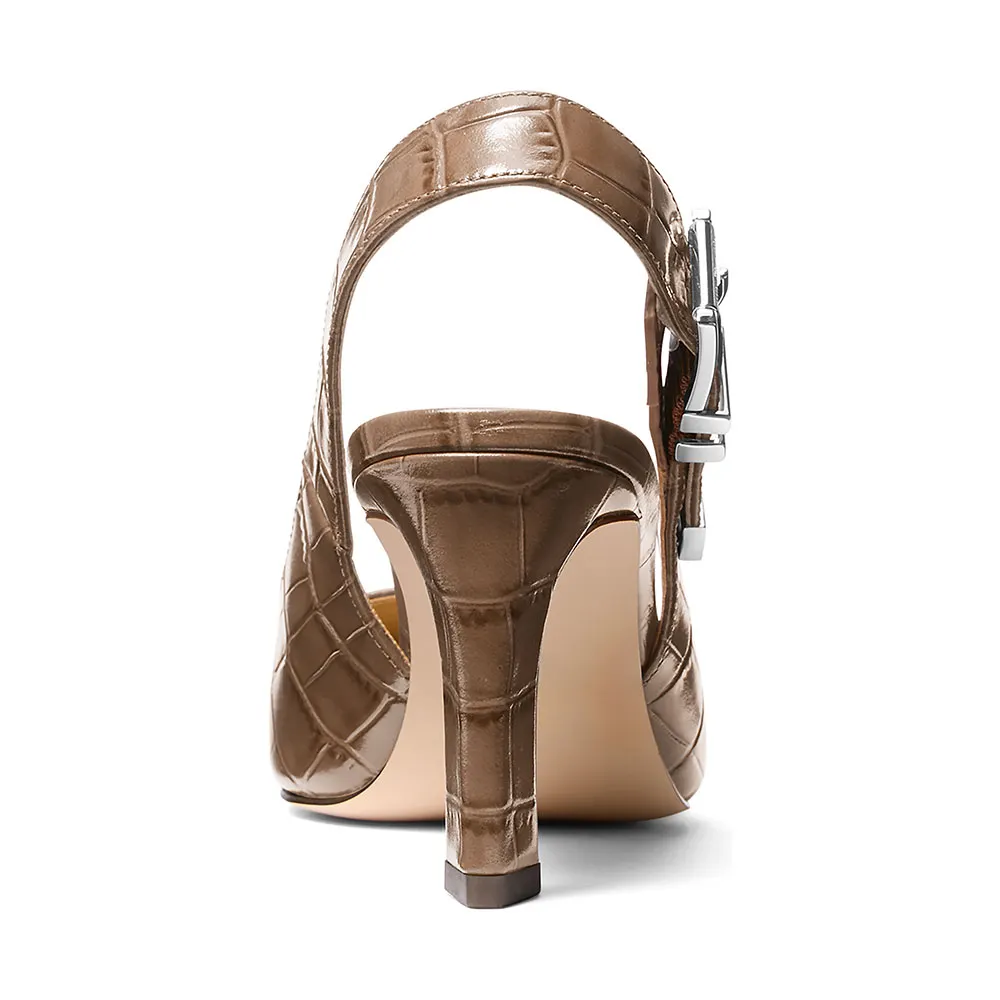 Khaki Square Toe Chunky High Heel Embossed Slingback Pumps for Women