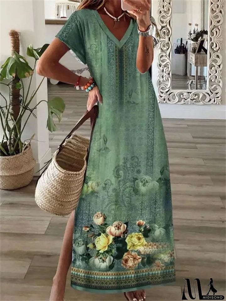 MidiSono - Vintage Leisure V Neck Short Sleeve Floral Print Midi Dress
