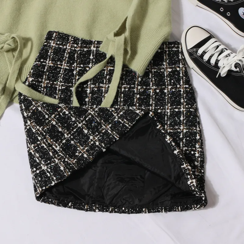 Uveng Small Scented Coarse Flowers, Lattice Half-Dress Woman 2022 Autumn And Winter New High-Waisted Thin Ass A-Word Skirt 8920