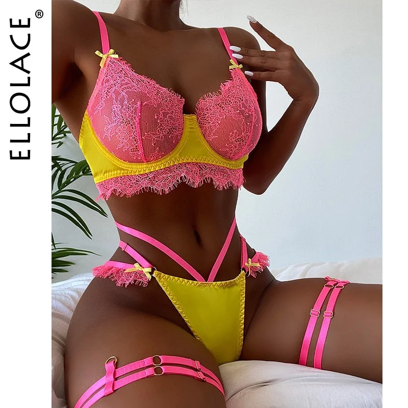Ellolace Erotic Lace Pornographic Lingerie Satin Patchwork Women's Underwear 3-Piece Pink Underwire Bra Briefs Set Intimate