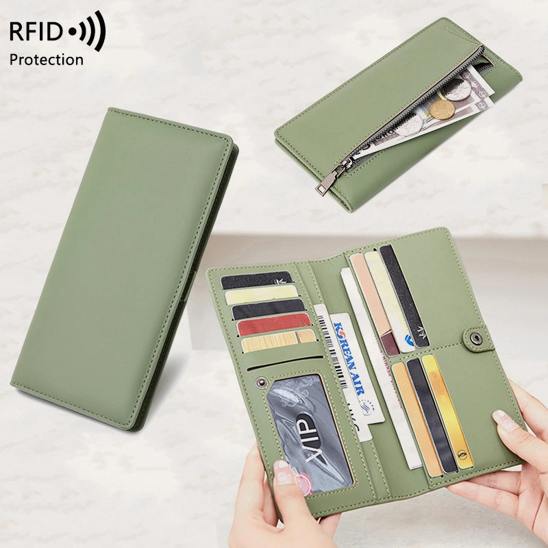 RFID Anti-theft Brush Women's Wallet New PU Solid Color Ultra-thin Credit Card Holder Zipper Hasp Long Wallet