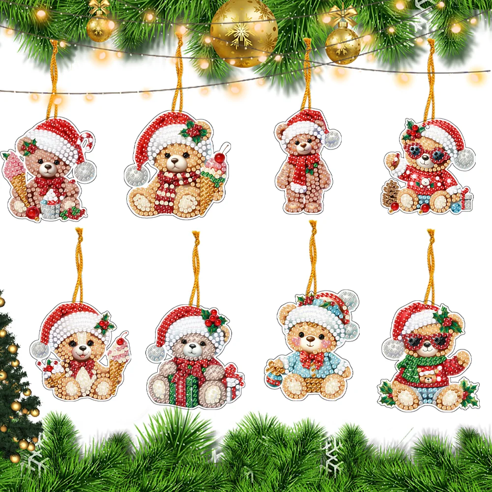 5D DIY 8Pcs Christmas Bears Diamond Painting Christmas Tree Pendant for Xmas Tree 