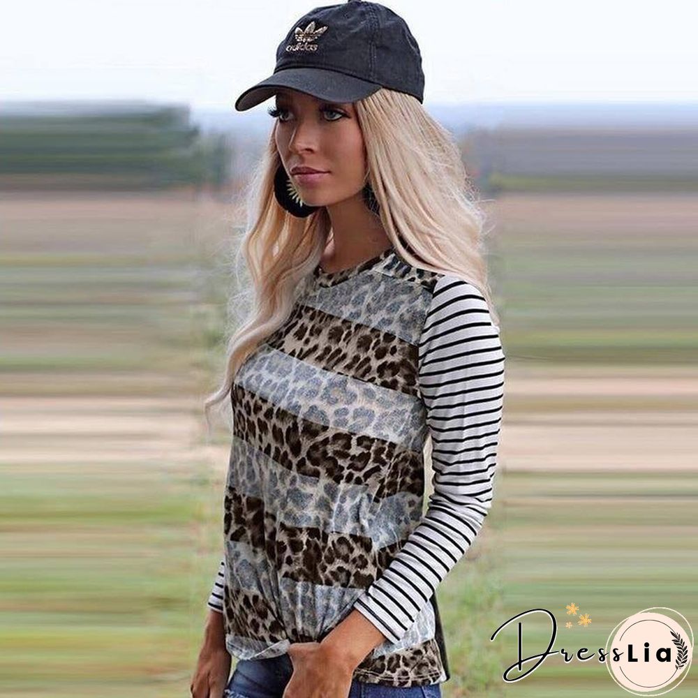 New Autumn Spring Woman Tshirts Splicing Leopard Long Stripe Sleeve Oversized Shirt Loose Top Women's Tops Fall Clothing