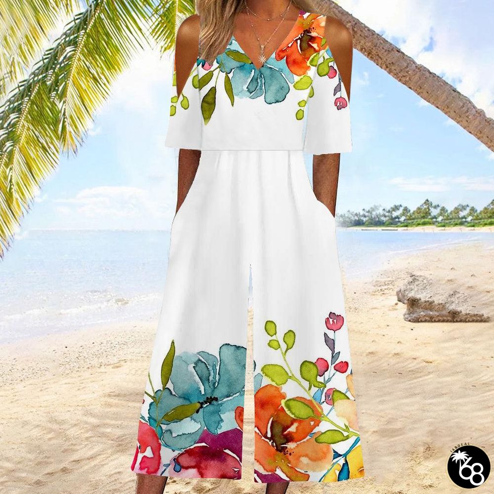 Unique Print Short Sleeve Side Pocket Jumpsuit | 168DEAL